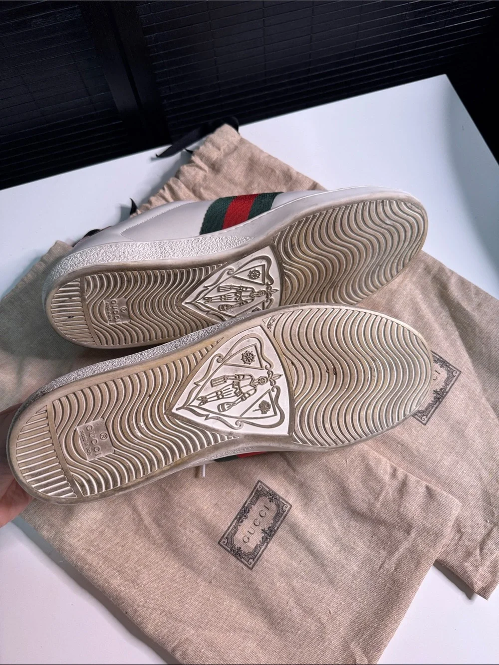 Gucci White Leather Sneakers with Red & Green Web and Gold Bee